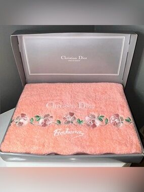 Christian Dior Peach Pink Floral Embroidered Bath Towel in Box